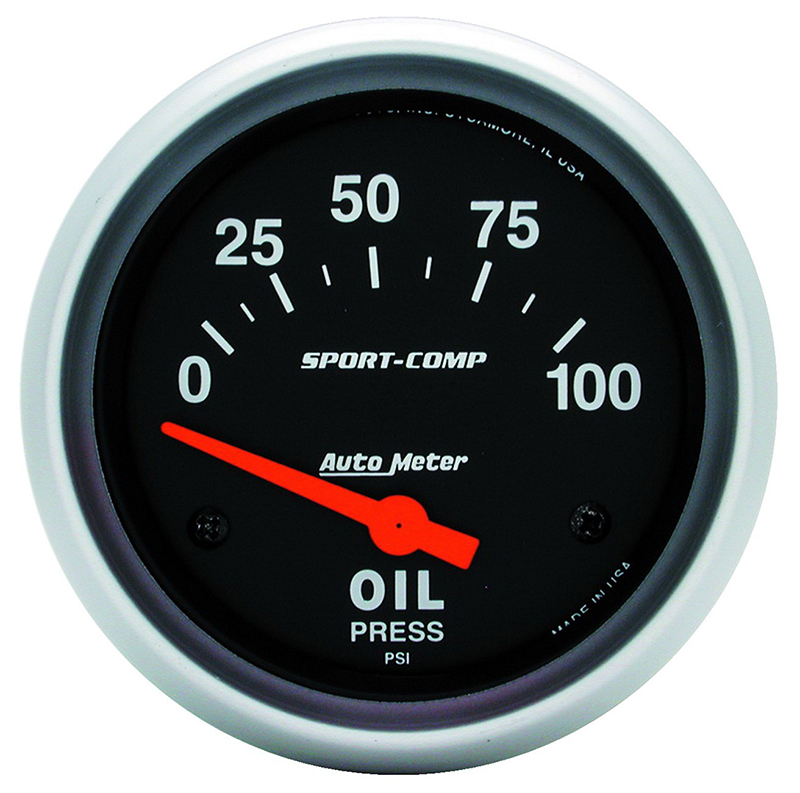 AU3522 Auto Meter Sport Comp 2 5/8" Oil Press 0 100 Psi, Short Sweep Electric