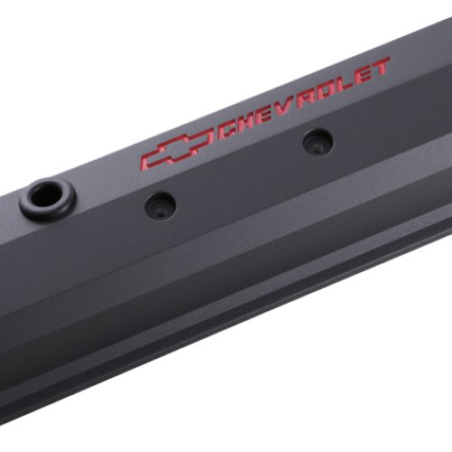 PR141-845 Proform Slant Edge Valve Covers, Sbc Centre Bolt, Black, Red Emblem