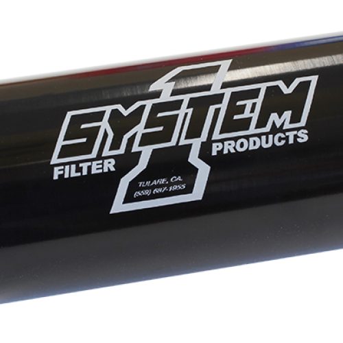 BLK INLINE BILLET FUEL FILTER MED -8AN & 6″LONG, 2″OD 35 MIC