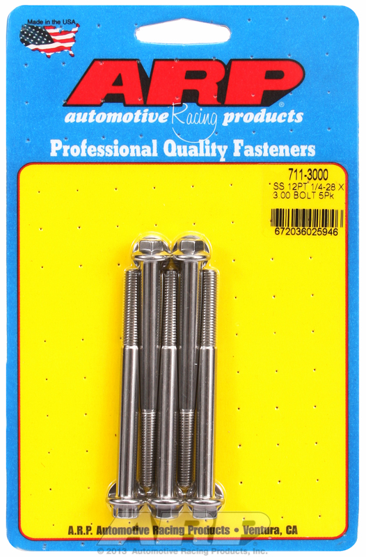 AR711-3000 Arp Ss 12 Pt Bolts 1/4" Unf X 3.00"5/16" Wrench (5 Pack) 1/4 28