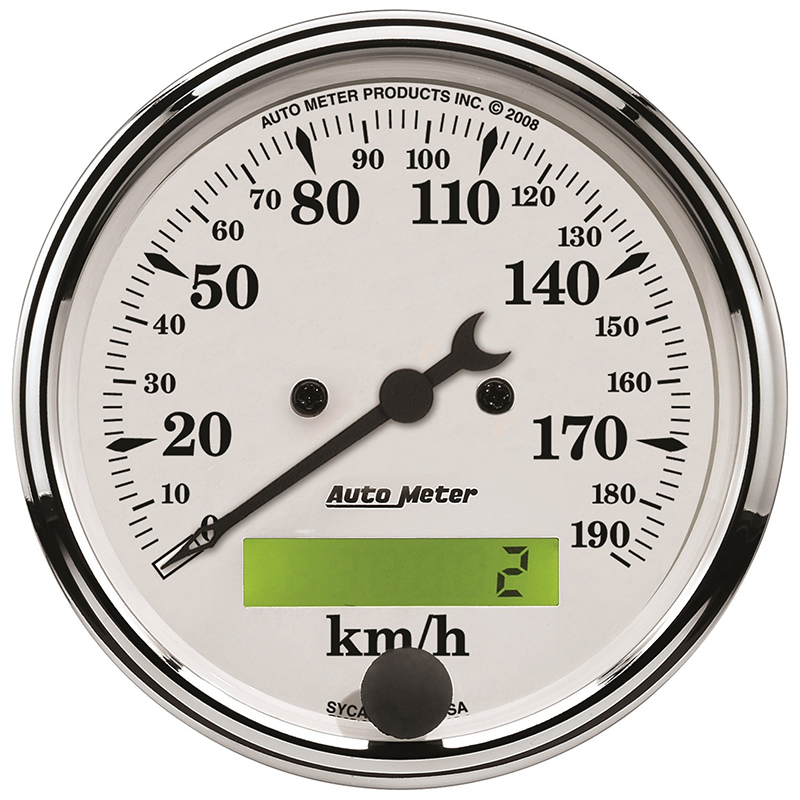 OLD TYME WHITE 190KPH SPEEDO 3-1/8", ELECTRONIC, LCD ODOM.