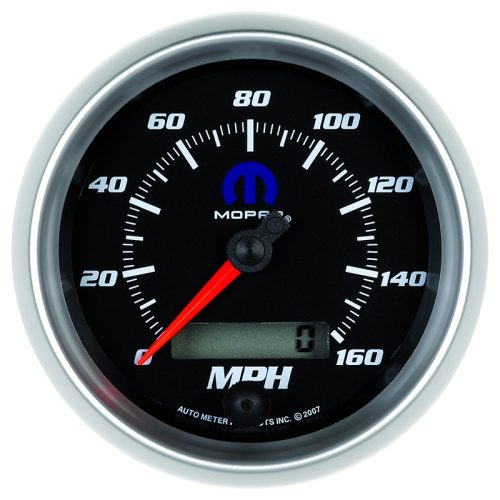 3-3/8″ ELECT SPEEDO 160MPH    BLUE MOPAR LOGO, BLACK FACE