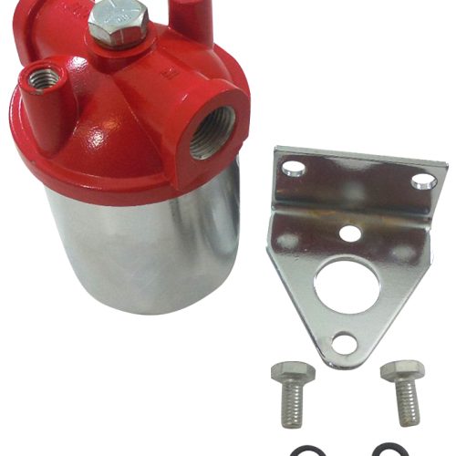 SMALL CHROME & RED CANISTER FUEL FILTER. 3/8″ IN/OUT 90GPH