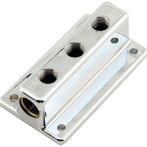 TRIPLE OUTLET FUEL BLOCK 1x 3/8NPT IN, 3×1/4NPT, CHROME