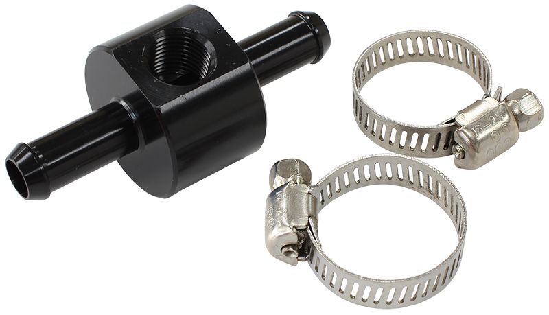 INLINE PRESSURE GAUGE ADAPTER 3/8" BARBS W/ 1/8" NPT, BLACK