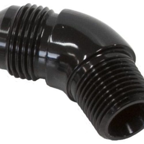 45 DEG 1/4″ TO -6AN FULL FLOW BLACK NO RESTRICION IN BEND