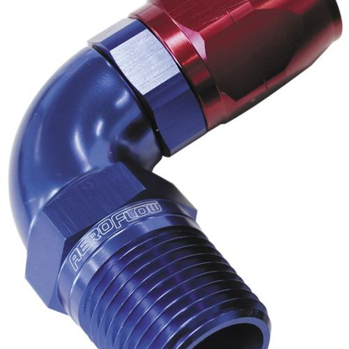 90&deg; Male NPT Full Flow Swivel Hose End 3/4″ to -16AN Blue/Red Finish. Suits 100 & 450 Series Hose
