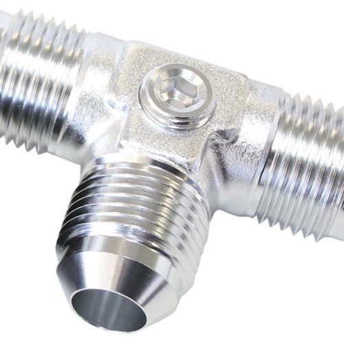 MALE FLARE TEE -6AN WITH 1/8″ PORT SILVER ALL SIDES MALE AN